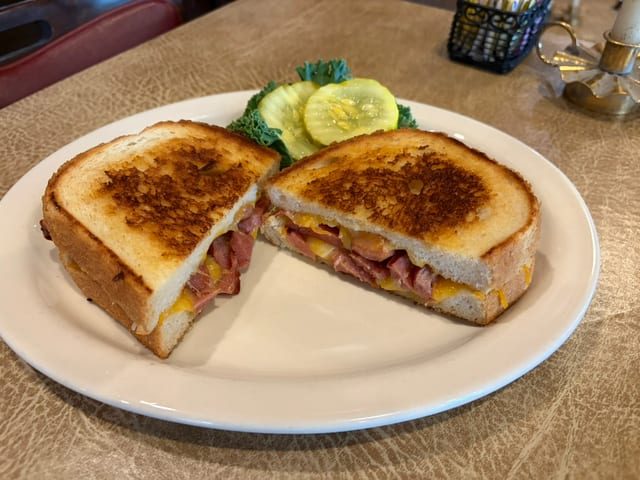 Grilled Monterey & Cheddar Cheese with Andouille Sausage Melt.